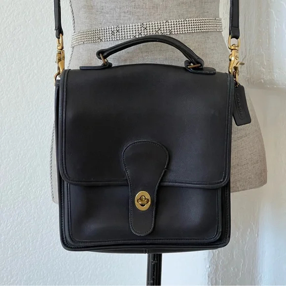 Vintage Coach Leather Bag Crossbody Satchel Purse Turnlock Flap Black 0260-301 - Picture 1 of 17